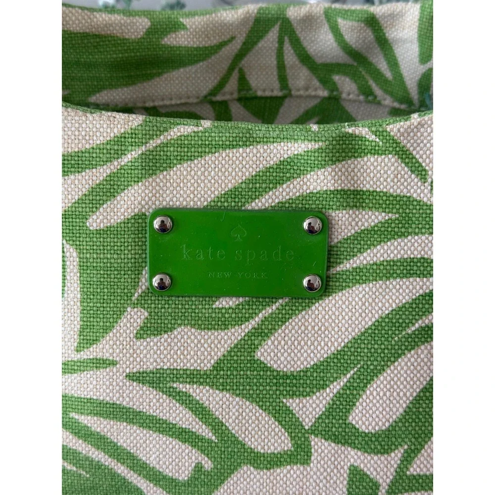Kate Spade Green Tropical Leaf Print Canvas Tote Bag Patent Leather Trim